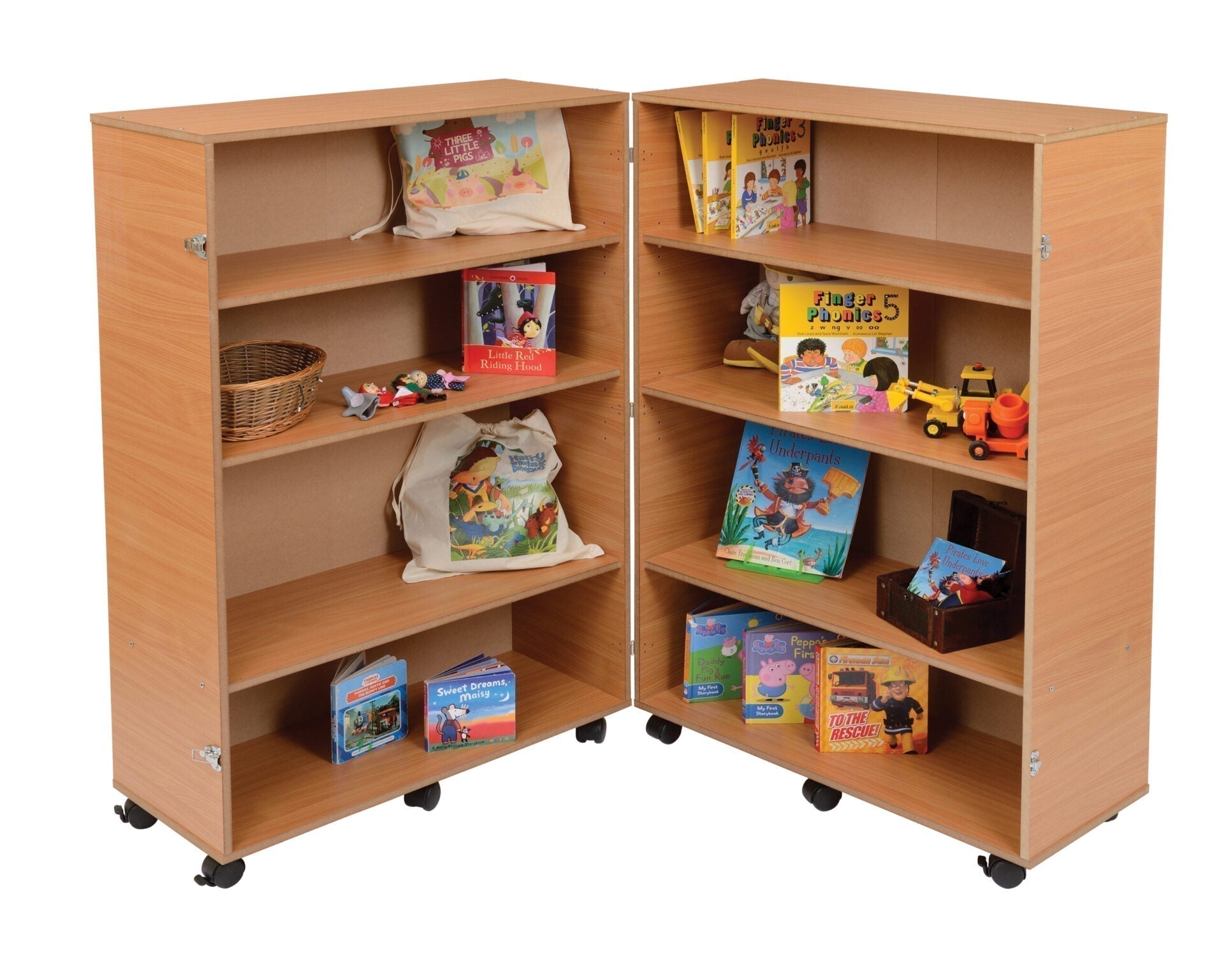 4 Shelf Bookcase Hinged, The 4 Shelf Bookcase Hinged is a versatile and innovative storage solution, designed with both functionality and safety in mind. Its unique hinged design makes it especially suitable for educational environments like schools and EYFS (Early Years Foundation Stage) settings. 4 Shelf Bookcase Hinged Features: Double-Sided Design: This 4 Shelf Bookcase Hinged is double-sided, providing ample storage space for a variety of books, educational materials, or display items. Flexible Hinged 