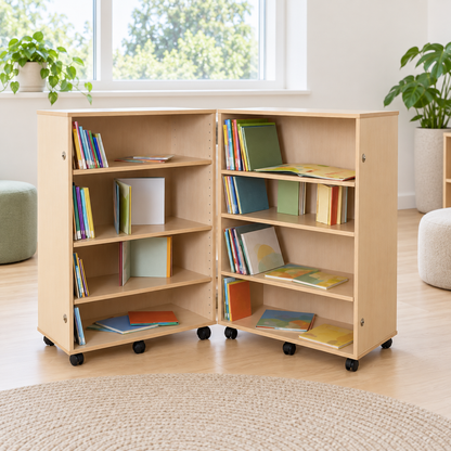 4 Shelf Bookcase Hinged in a bright classroom setting – view 1