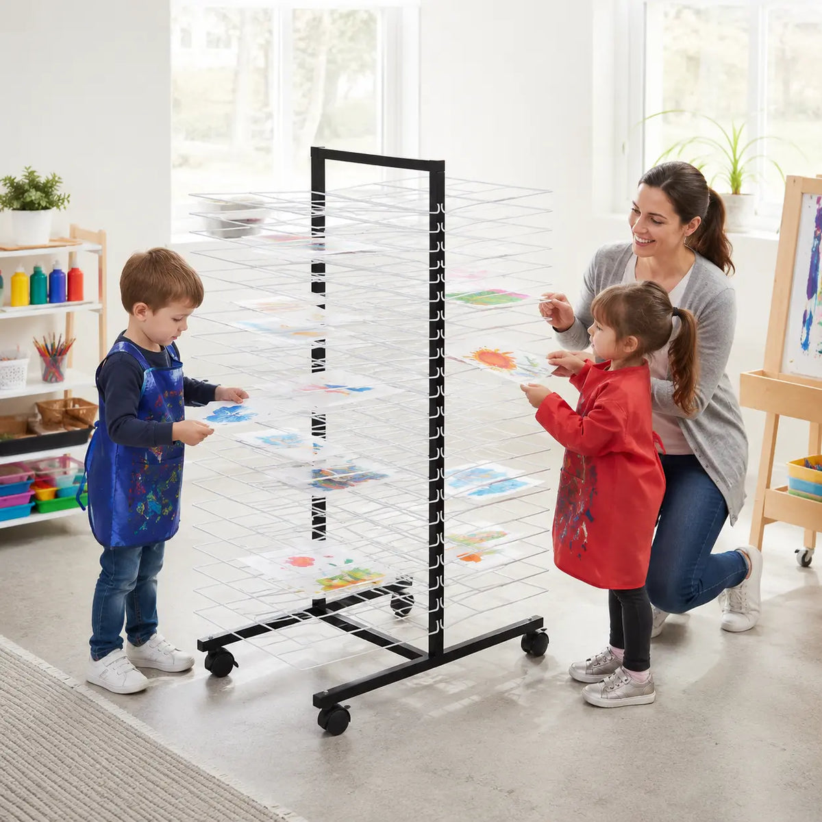40 Large Shelf Mobile Drying Rack in a naturally lit early years nursery lifestyle setting 7