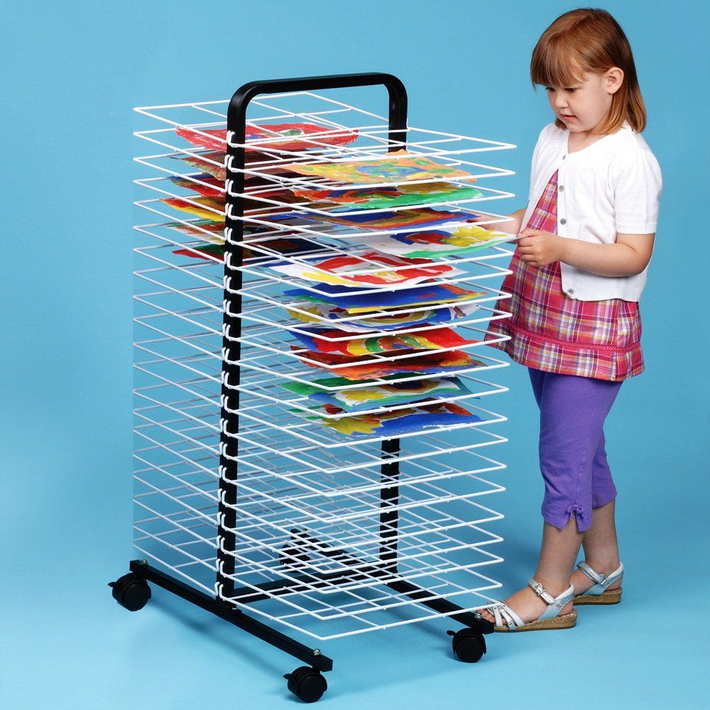 40 Large Shelf Mobile Drying Rack, Large 40 shelf mobile drying unit takes up to A2 size paper. It is ideal for moving between classrooms. Comes complete with lockable castors and has a plastic coated finish for easy cleaning. Black painted welded steel frame with coated wire shelves. The Large 40 shelf mobile drying unit is suitable for up to A2 sized paper. A great way to dry and store artwork The 40 Large Shelf Mobile Drying Rack can be wheeled away when not in use The 40 Large Shelf Mobile Drying Rack i