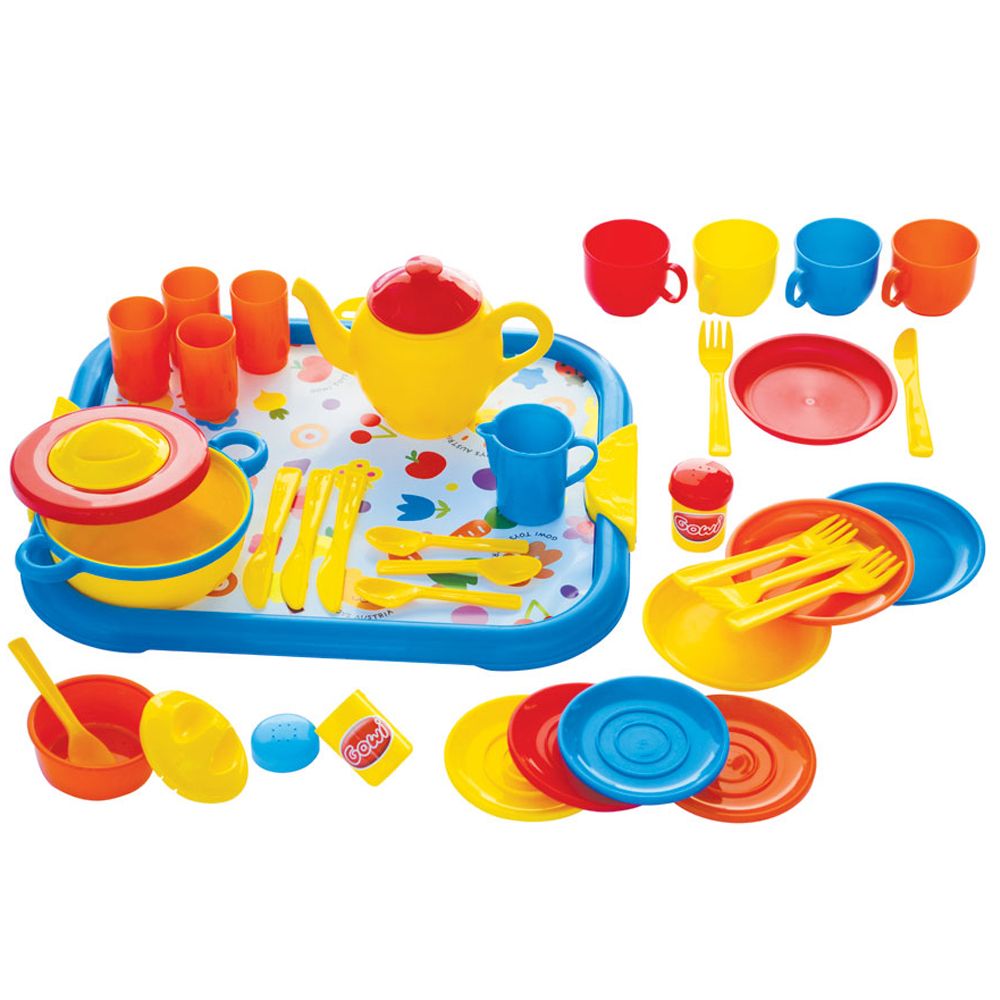 40 Piece Dinner Service, This brightly coloured Dinner Service set features everything your little will need to host the perfect dinner party, including a teapot, cups, saucers, plates, cutlery, a casserole dish, salt and pepper shakers, a serving tray and much more! Encourages creative and imaginative role play. Consists of 40 play pieces. This colourful Dinner Service Set features everything your little one needs to host the perfect dinner party! Includes a teapot, cups, saucers, plates, cutlery, a casser