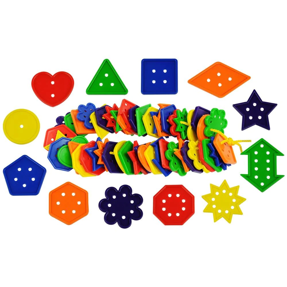 444 Piece Shape Number and Geometry Buttons Set, The Educational 12 Shape, Number and Geometry Buttons is a great set for counting, sequencing, threading activities, learning numbers and geometries. 12 different shapes represent numbers from 1 to 10, with holes on each shape to match each number. Encourages matching and sorting skills, as well as hand/eye co-ordination and manipulative skills. Supplied in 6 bright colours, with laces. Includes 12 shapes in 6 colours. Ideal for use in the classroom or at hom