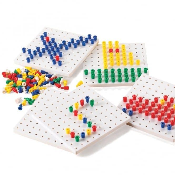 5 Peg Boards and Pegs, This versatile set of peg boards and pegs offers hours of fun learning and developing essential skills. The 5 Peg Boards and Pegs comes complete with 5 white peg boards and 1000 colourful pegs in 5 colours: red, blue, yellow, green and white. Each peg board has 100 holes arrange over a 10 x 10 grid. The pegs boards and pegs allow children to develop a variety of basic mathematical skills including colour recognition, making shapes, patterning and understanding symmetry as they stack t