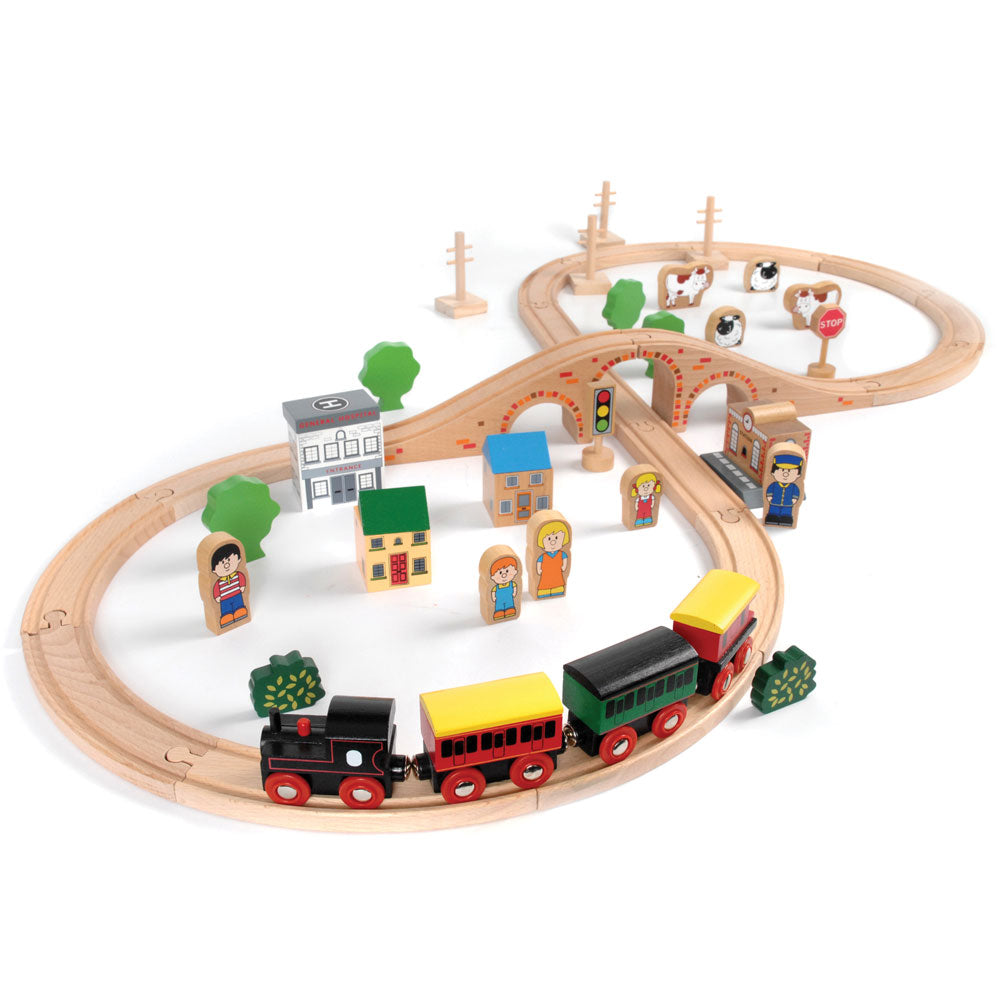 50 Piece Train Set, All aboard the Tidlo Express! This delightful wooden train set is the perfect introduction to the world of wooden railways for any young toy train enthusiast. The classic figure of eight layout features a viaduct that crosses over the track. The train track is not limited to the figure of eight layout - creative youngsters can set up the track in many different ways, creating their very own little town! This 50 piece wooden train set includes 17 pieces of wooden track, a train and three 