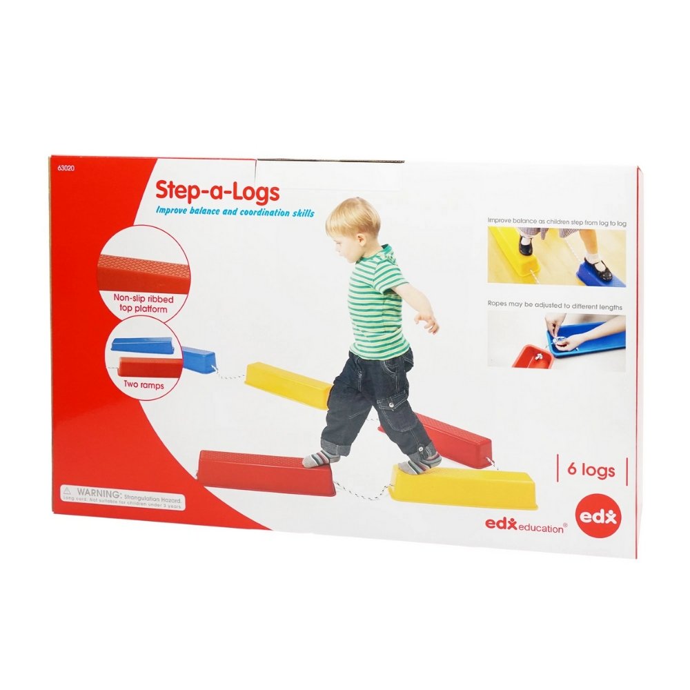 6 pack of Step a Logs, This set of 6 Step a Logs provide an excellent gross motor activity where balance and direction are developed .The Step a Logs are sturdy, flat-topped stepping logs connected with adjustable rope and a ribbed platform to prevent slipping.Children will gain confidence and improve balance as they progress from stepping over short gaps to jumping over wider gaps.The Step a Logs are made from strong plastic, these logs can support the weight of an adult.Gaining confidence and a sense of a