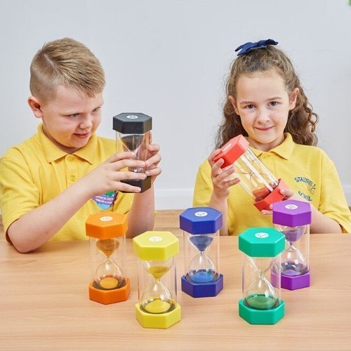 6 Pack Special Needs Sand Timer Kit, A 6 piece set of Classroom sand timers which are virtually indestructible sand timers with moulded end caps and thick wall surrounds. For easy identification each sand timer is colour coded so children can identify time easily and with a very clear visual prompt. The Special Needs Sand Timer Kit is perfect for use in the classroom, for games, accurate event timing and experiments. This Special Needs Sand timer ki includes 6 sand timers with times typically listed as 30 s