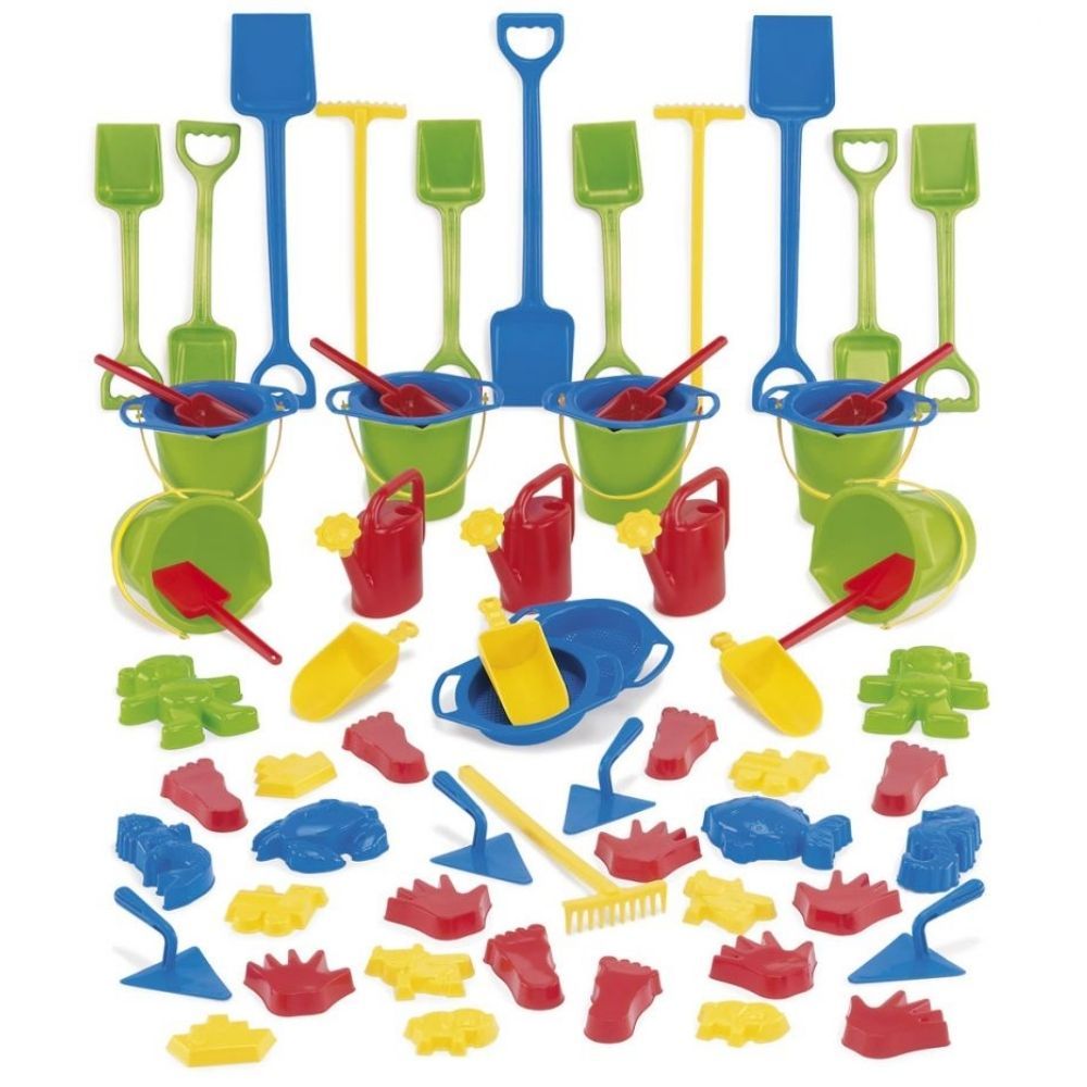 66 Piece Sand and Water Set, This bumper value 66 Piece Sand and Water Set is enough for the whole class and contains top quality product compiling with all relevant safety standards. The 66 Piece Sand and Water Set is a super value set containing 66 sand & water accessories for the whole class to enjoy. The 66 Piece Sand and Water Set includes: sieves, large spades, small spades, buckets, watering cans, moulds, water wheels and more! This product is dishwasher safe. 66 Pieces supplied Recommended age group
