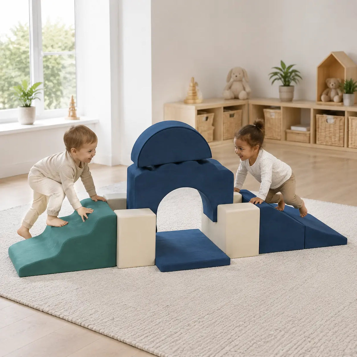 7-Piece Toddler Soft Play Climbing Set – Dark Blue in a naturally lit early-years nursery play setting