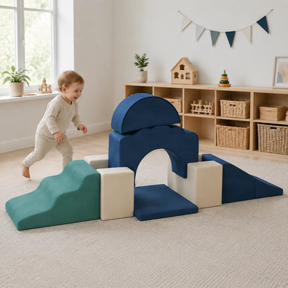 7-Piece Toddler Soft Play Climbing Set – Dark Blue in a naturally lit early-years nursery play setting
