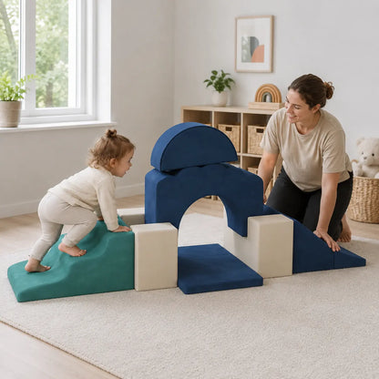 7-Piece Toddler Soft Play Climbing Set – Dark Blue in a naturally lit early-years nursery play setting