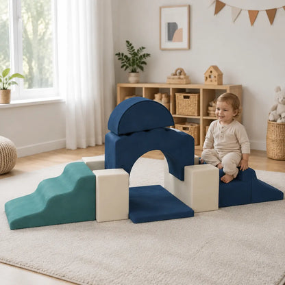 7-Piece Toddler Soft Play Climbing Set – Dark Blue in a naturally lit early-years nursery play setting
