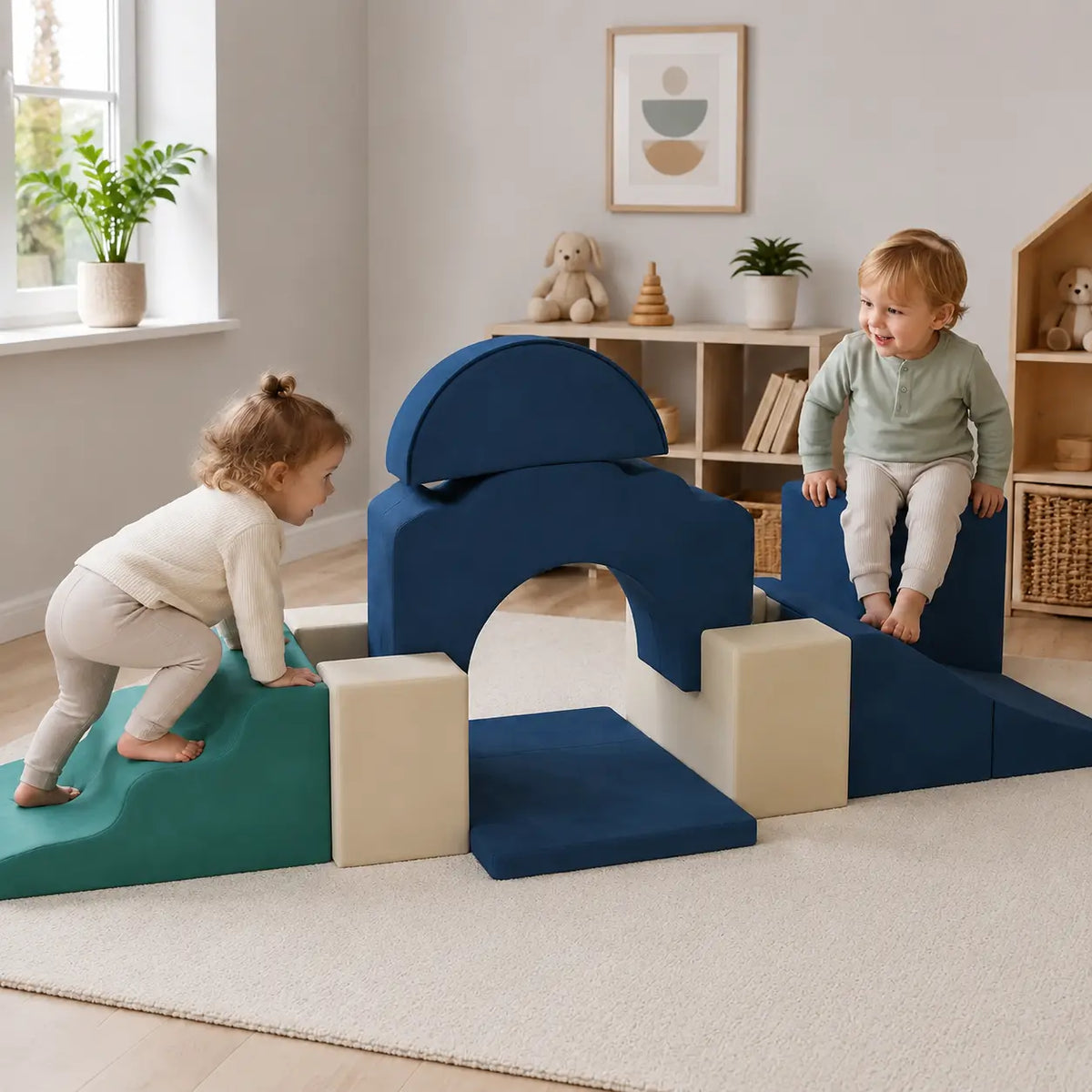 7-Piece Toddler Soft Play Climbing Set – Dark Blue in a naturally lit early-years nursery play setting