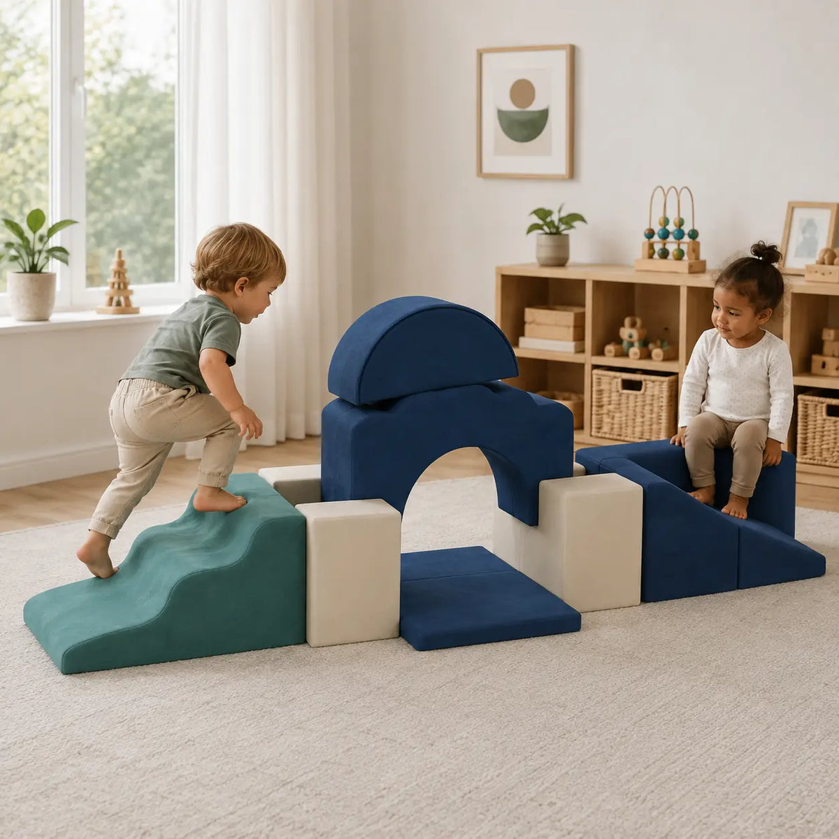 7-Piece Toddler Soft Play Climbing Set – Dark Blue in a naturally lit early-years nursery play setting