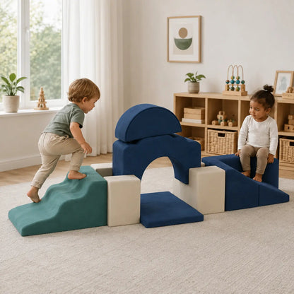7-Piece Toddler Soft Play Climbing Set – Dark Blue in a naturally lit early-years nursery play setting