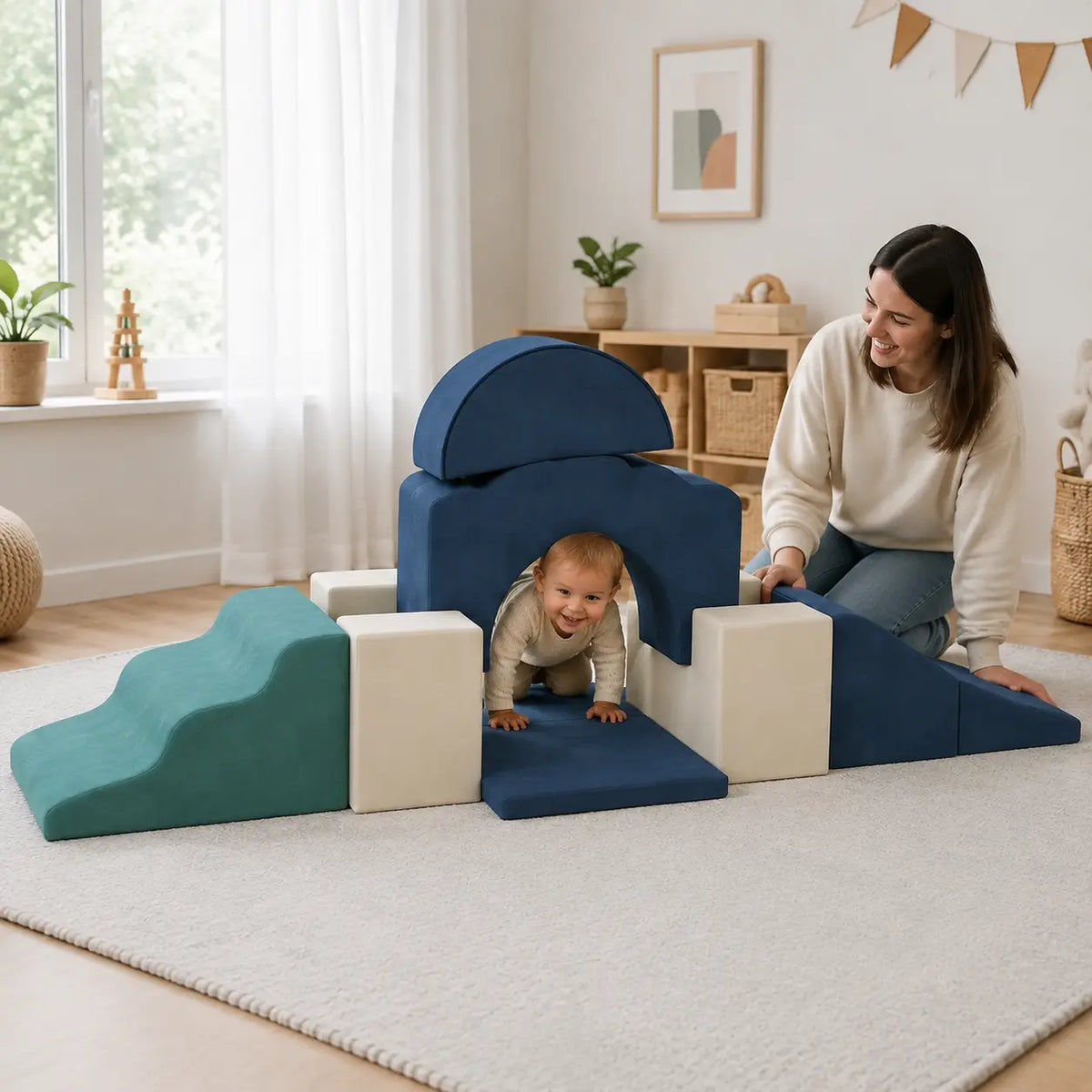 7-Piece Toddler Soft Play Climbing Set – Dark Blue in a naturally lit early-years nursery play setting