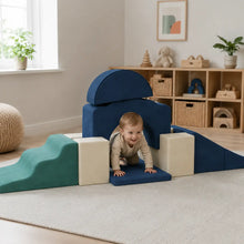 7-Piece Toddler Soft Play Climbing Set – Dark Blue in a naturally lit early-years nursery play setting