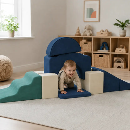 7-Piece Toddler Soft Play Climbing Set – Dark Blue in a naturally lit early-years nursery play setting