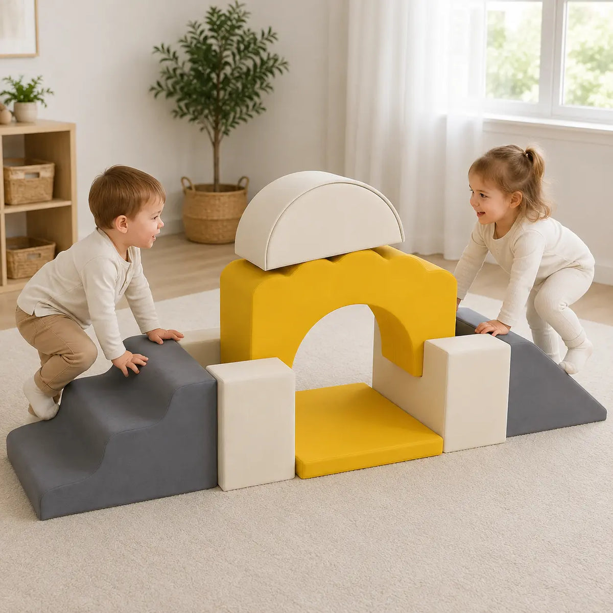 7-Piece Toddler Soft Play Climbing Set – Yellow in a naturally lit early-years nursery play setting