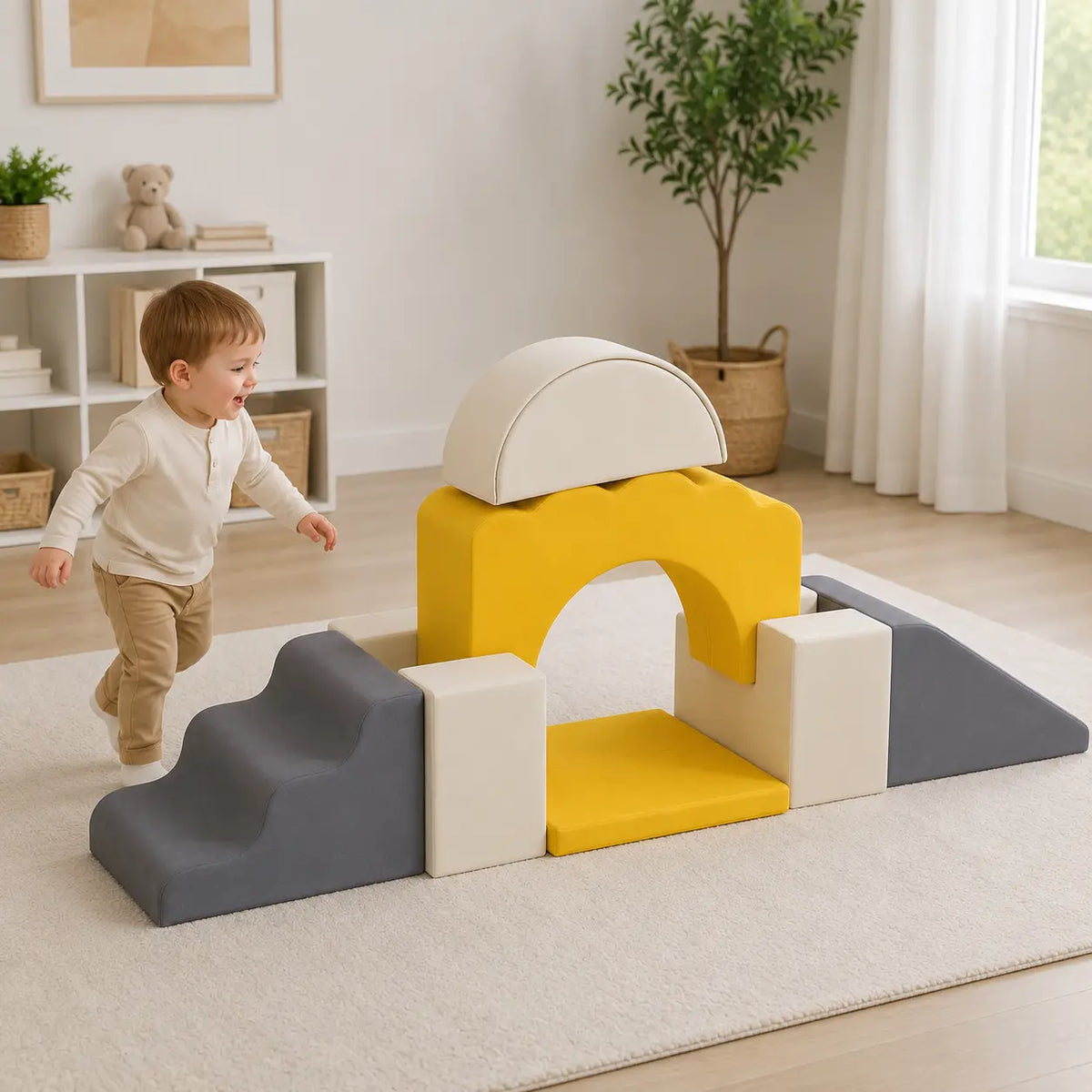 7-Piece Toddler Soft Play Climbing Set – Yellow in a naturally lit early-years nursery play setting