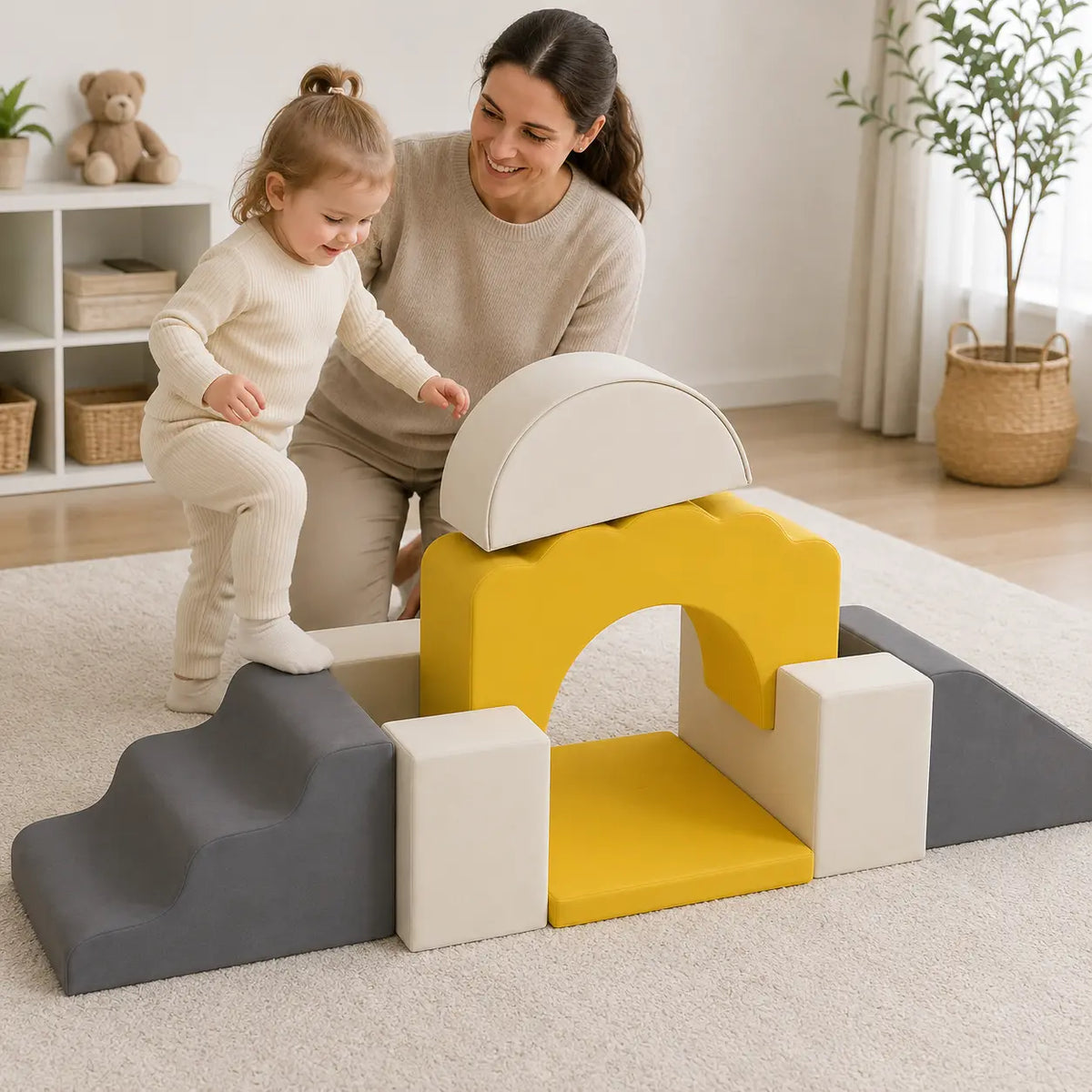 7-Piece Toddler Soft Play Climbing Set – Yellow in a naturally lit early-years nursery play setting