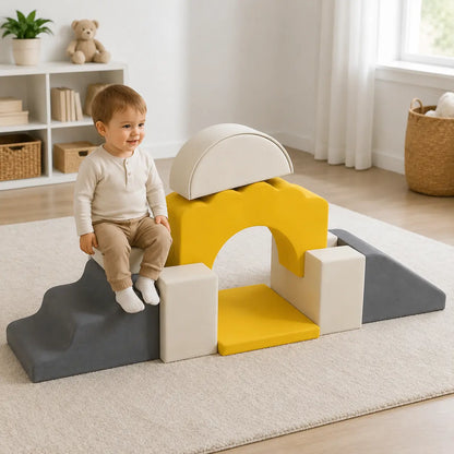 7-Piece Toddler Soft Play Climbing Set – Yellow in a naturally lit early-years nursery play setting