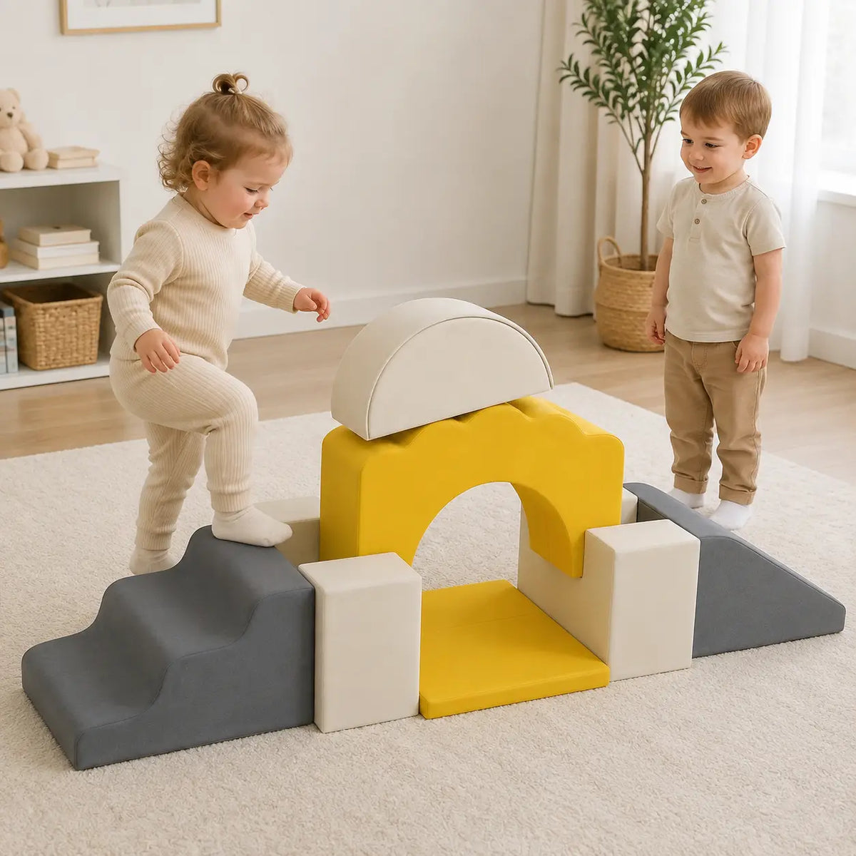 7-Piece Toddler Soft Play Climbing Set – Yellow in a naturally lit early-years nursery play setting