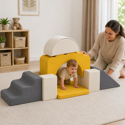 7-Piece Toddler Soft Play Climbing Set – Yellow in a naturally lit early-years nursery play setting