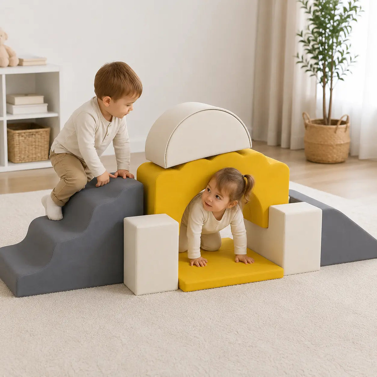 7-Piece Toddler Soft Play Climbing Set – Yellow in a naturally lit early-years nursery play setting
