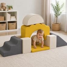 7-Piece Toddler Soft Play Climbing Set – Yellow in a naturally lit early-years nursery play setting