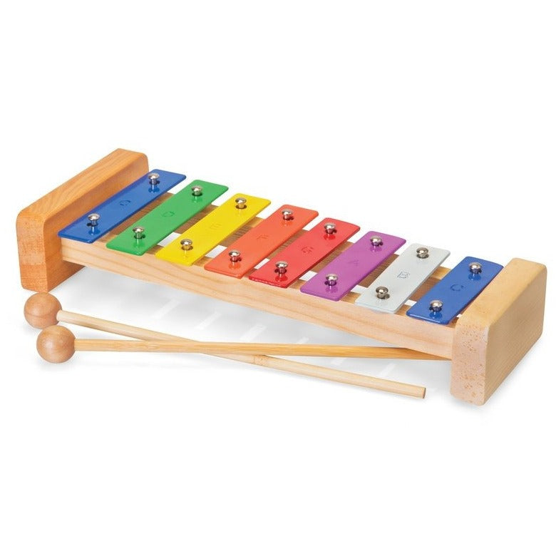 8 Note Xylophone, The 8 Note Xylophone is the perfect instrument for young children who are just beginning to explore the musical world. The xylophone features eight metal bars that are carefully mounted on a sturdy wooden frame. The metal bars are arranged in an ascending scale, making it easy for children to learn and play simple melodies. Each metal bar is clearly marked with the note of the sound it produces when struck by one of the two wooden mallets included with the xylophone. This makes it easy for