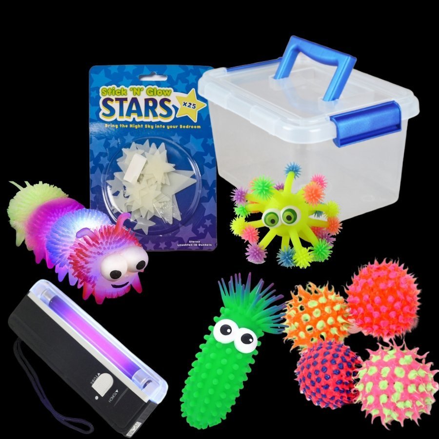 9 Piece Uv sensory hamper kit, Our exclusive sensory Uv sensory kit is the complete package to a whole new world of tactile awareness and play. Our UV Sensory Kit package is unique and offers superb value for money and the UV kit comes with a selection of UV Reactive toys and a UV sensory torch which can all be stored away within the supplied storage box. This sensory Uv kit is the complete package to introduce UV play and will engage curious children. Easy to carry around plastic storage tub great to store