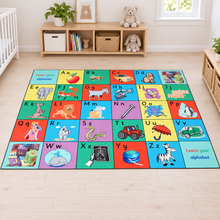 Alphabet Supergiant Playmat 2m x 1.5m with uppercase and lowercase letters and picture prompts on a pale wooden early years floor