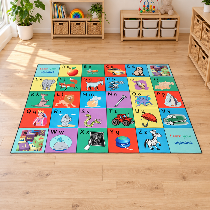 Alphabet Supergiant Playmat 2m x 1.5m with uppercase and lowercase letters and picture prompts on a pale wooden early years floor