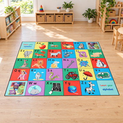 Alphabet Supergiant Playmat 2m x 1.5m with uppercase and lowercase letters and picture prompts on a pale wooden early years floor