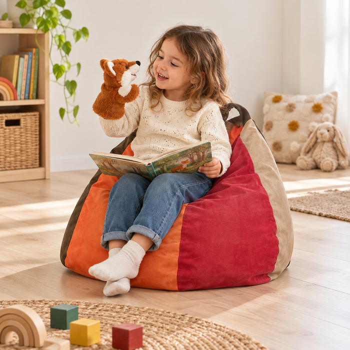 Suede Pear Bean Bag in use by a child during reading and play in an early years setting, lifestyle view 2