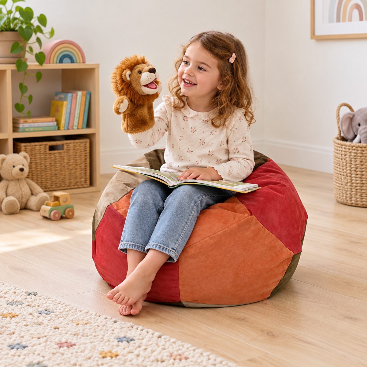 Suede Pear Bean Bag in use by a child during reading and play in an early years setting, lifestyle view 4