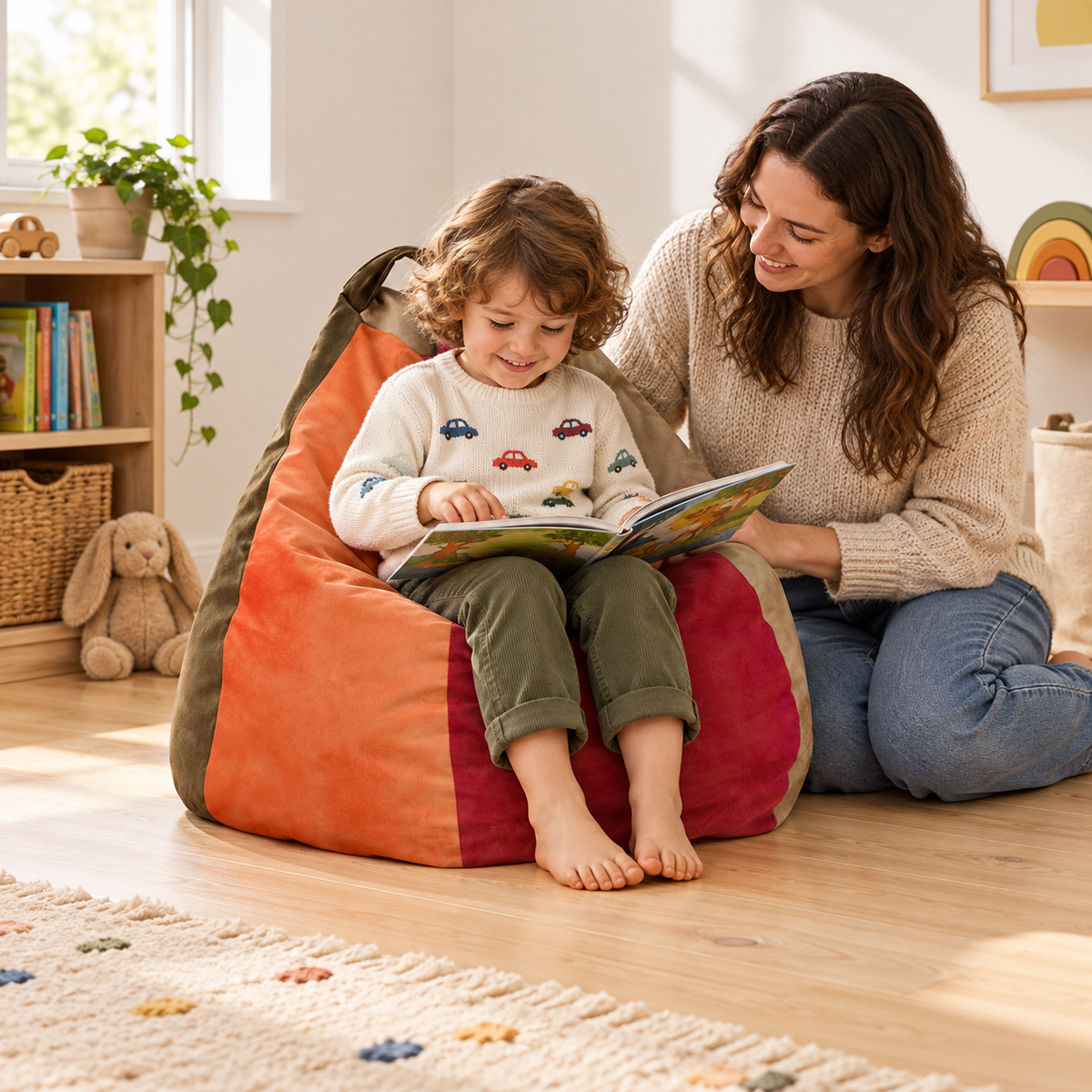 Suede Pear Bean Bag in use by a child during reading and play in an early years setting, lifestyle view 5