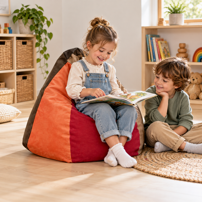 Suede Penta Bean Bag in use by a child during reading and play in an early years setting, lifestyle view 1