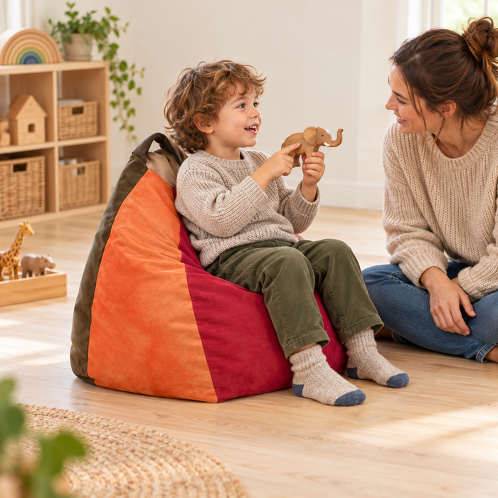 Suede Penta Bean Bag in use by a child during reading and play in an early years setting, lifestyle view 2