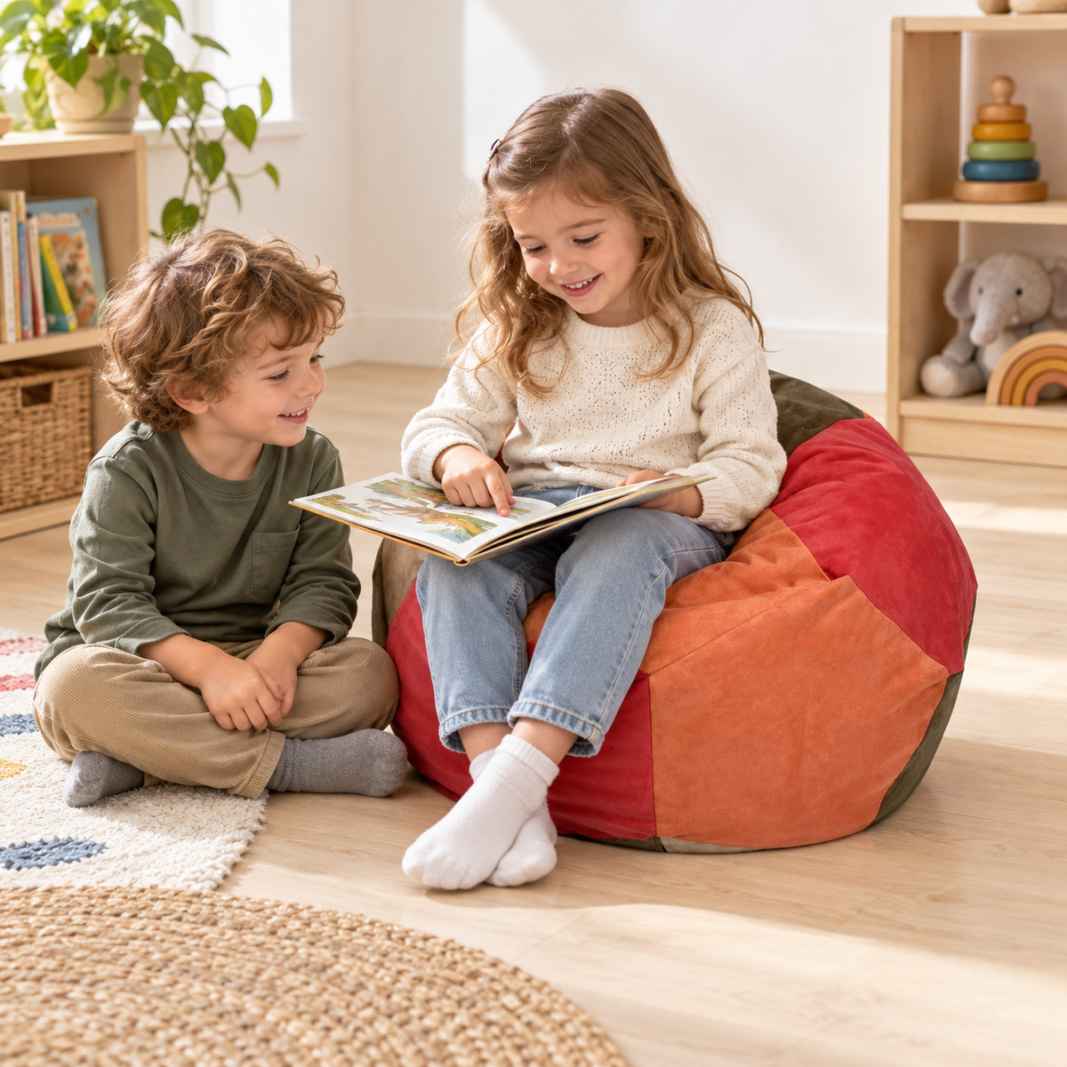 Suede Penta Bean Bag in use by a child during reading and play in an early years setting, lifestyle view 3