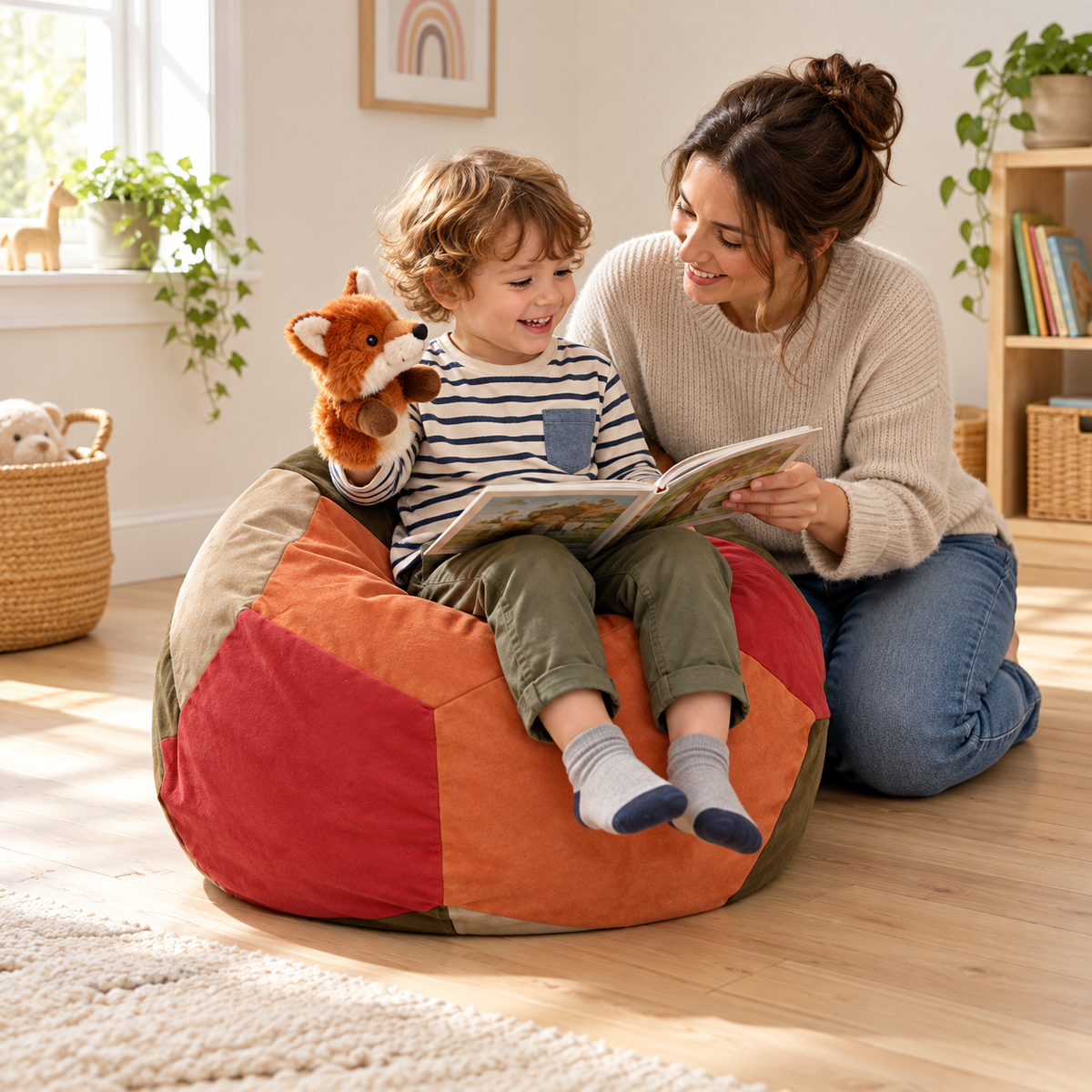 Suede Penta Bean Bag in use by a child during reading and play in an early years setting, lifestyle view 4