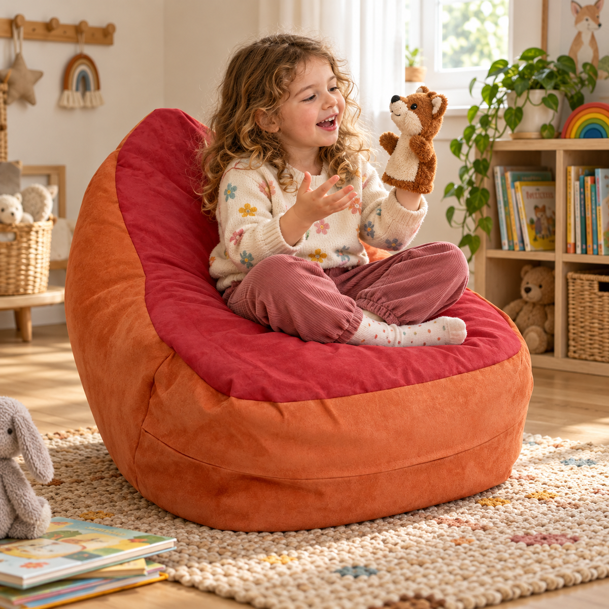 Suede Bean Bag Chair at 550 x 550 x 720mm in use during reading or storytelling by a child in a nursery