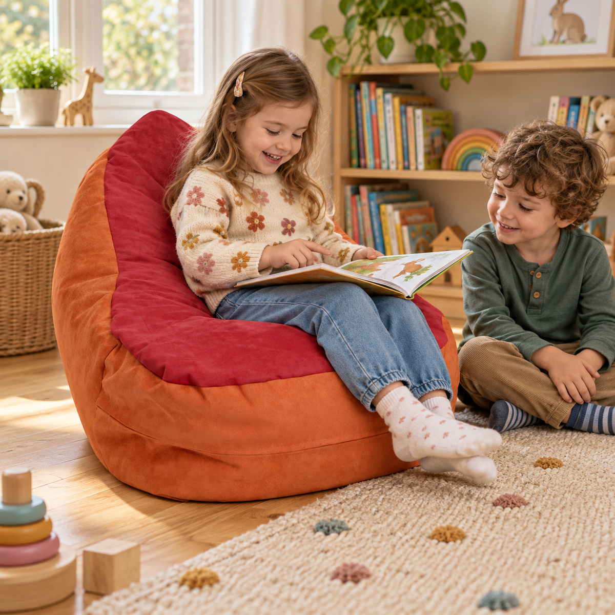 Suede Bean Bag Chair at 550 x 550 x 720mm in use during reading or storytelling by a child in a nursery