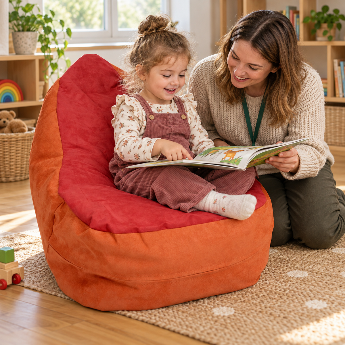 Suede Bean Bag Chair at 550 x 550 x 720mm in use during reading or storytelling by a child in a nursery