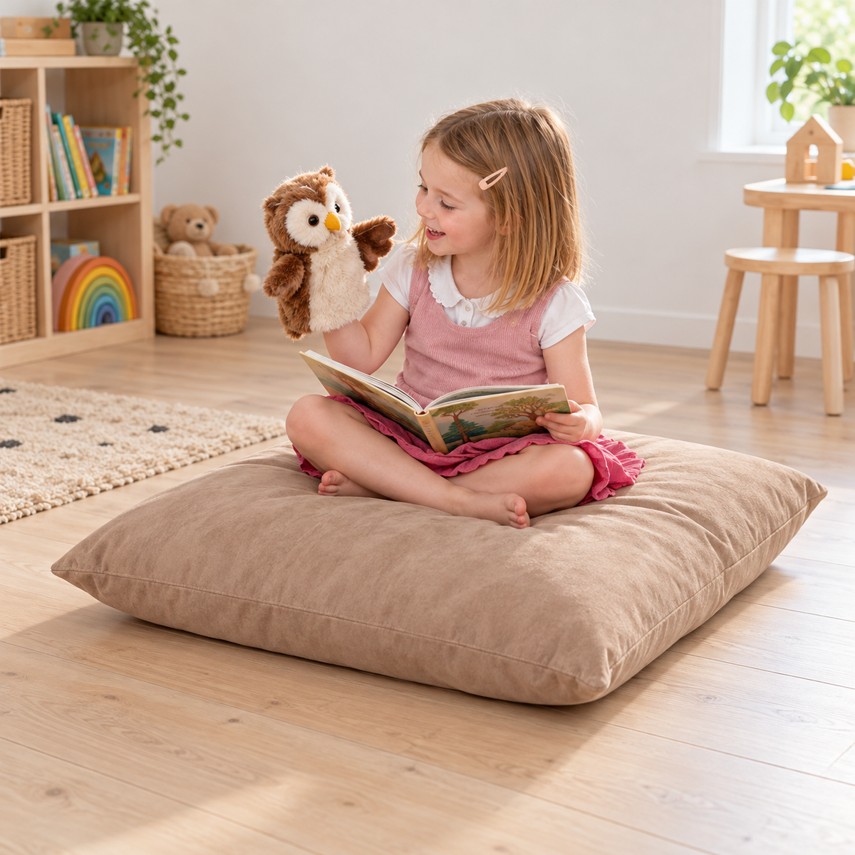 Suede Giant Cushion in use by a child during reading and play in an early years setting, lifestyle view 2