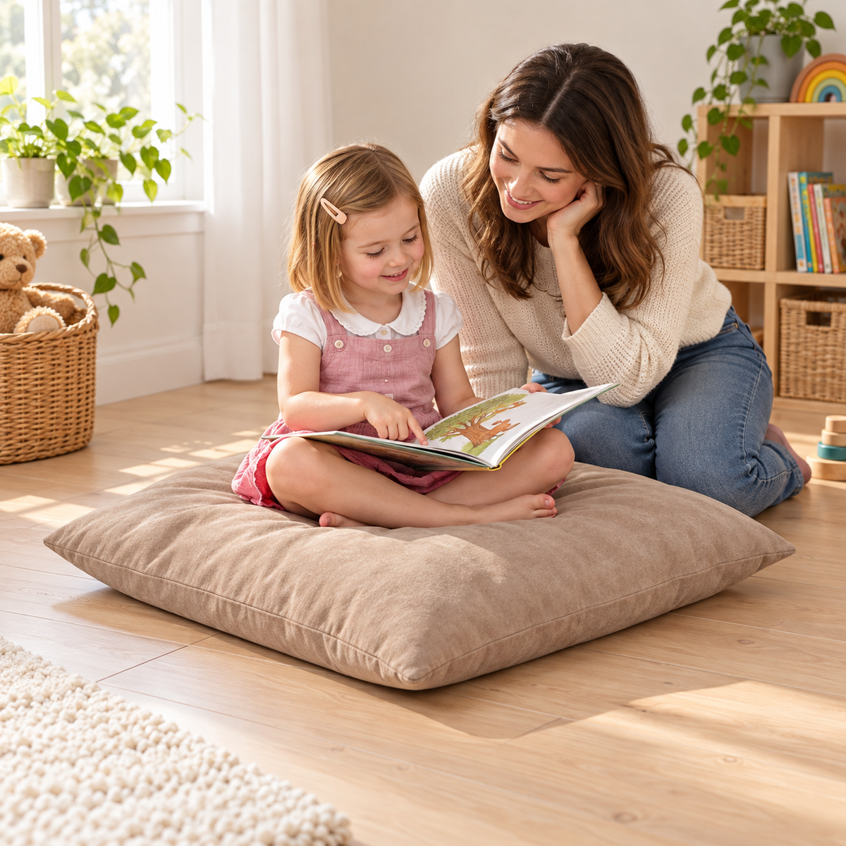 Suede Giant Cushion in use by a child during reading and play in an early years setting, lifestyle view 4