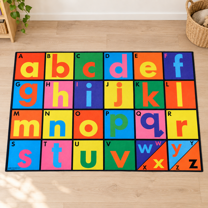 Alphabet Playmat 1.5m x 1m with coloured uppercase and lowercase letters in a bright early years play setting