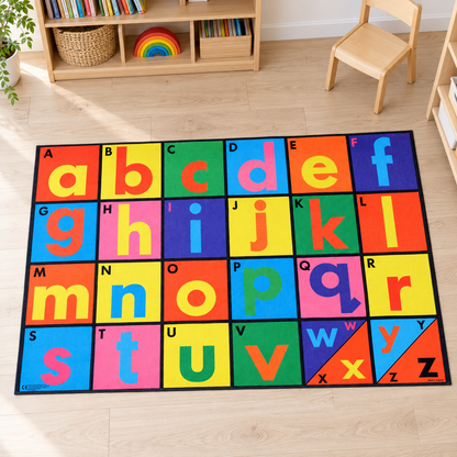 Alphabet Playmat 1.5m x 1m with coloured uppercase and lowercase letters in a bright early years play setting
