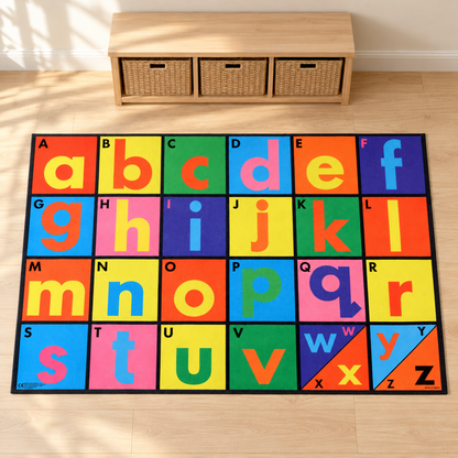 Alphabet Playmat 1.5m x 1m with coloured uppercase and lowercase letters in a bright early years play setting