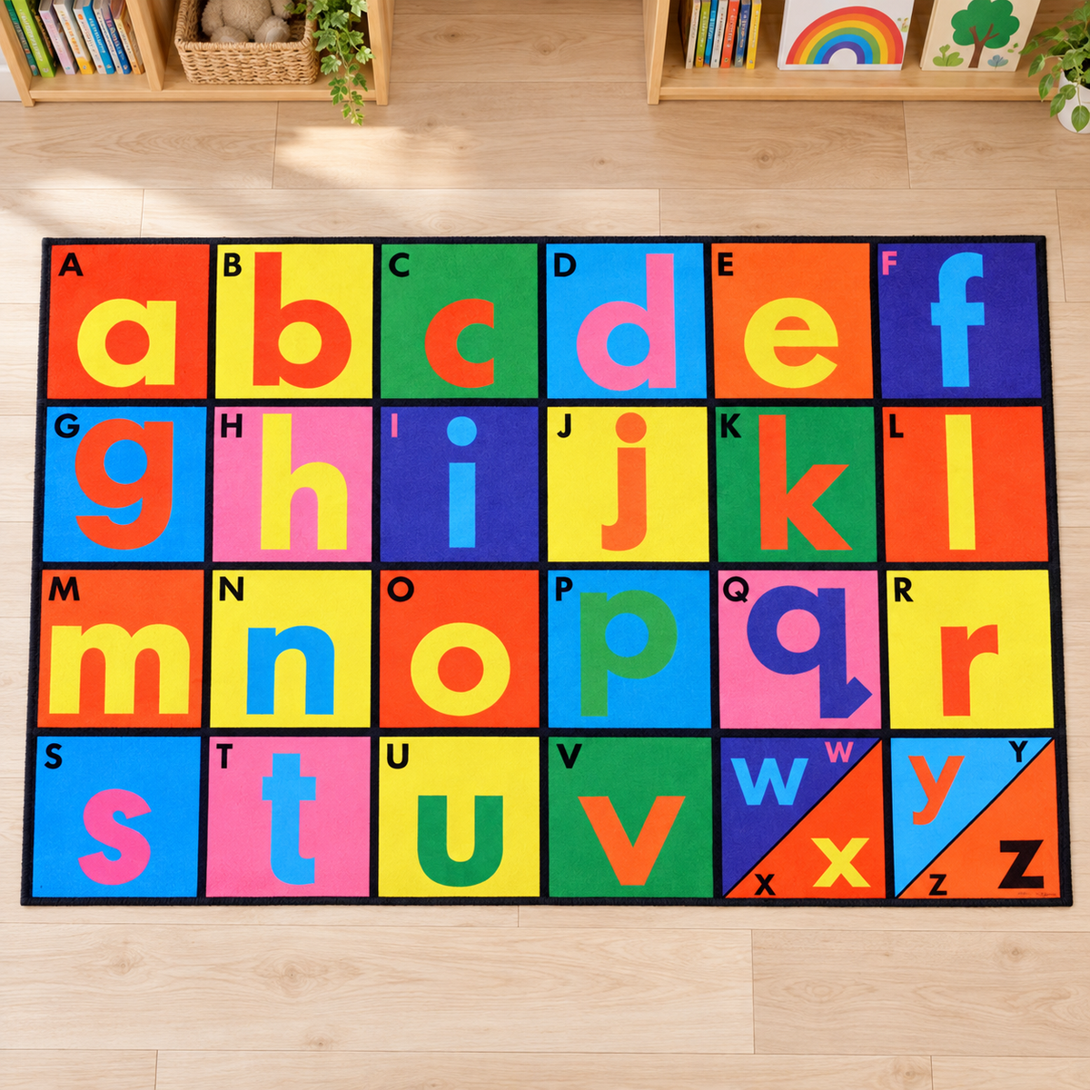 Alphabet Playmat 1.5m x 1m with coloured uppercase and lowercase letters in a bright early years play setting